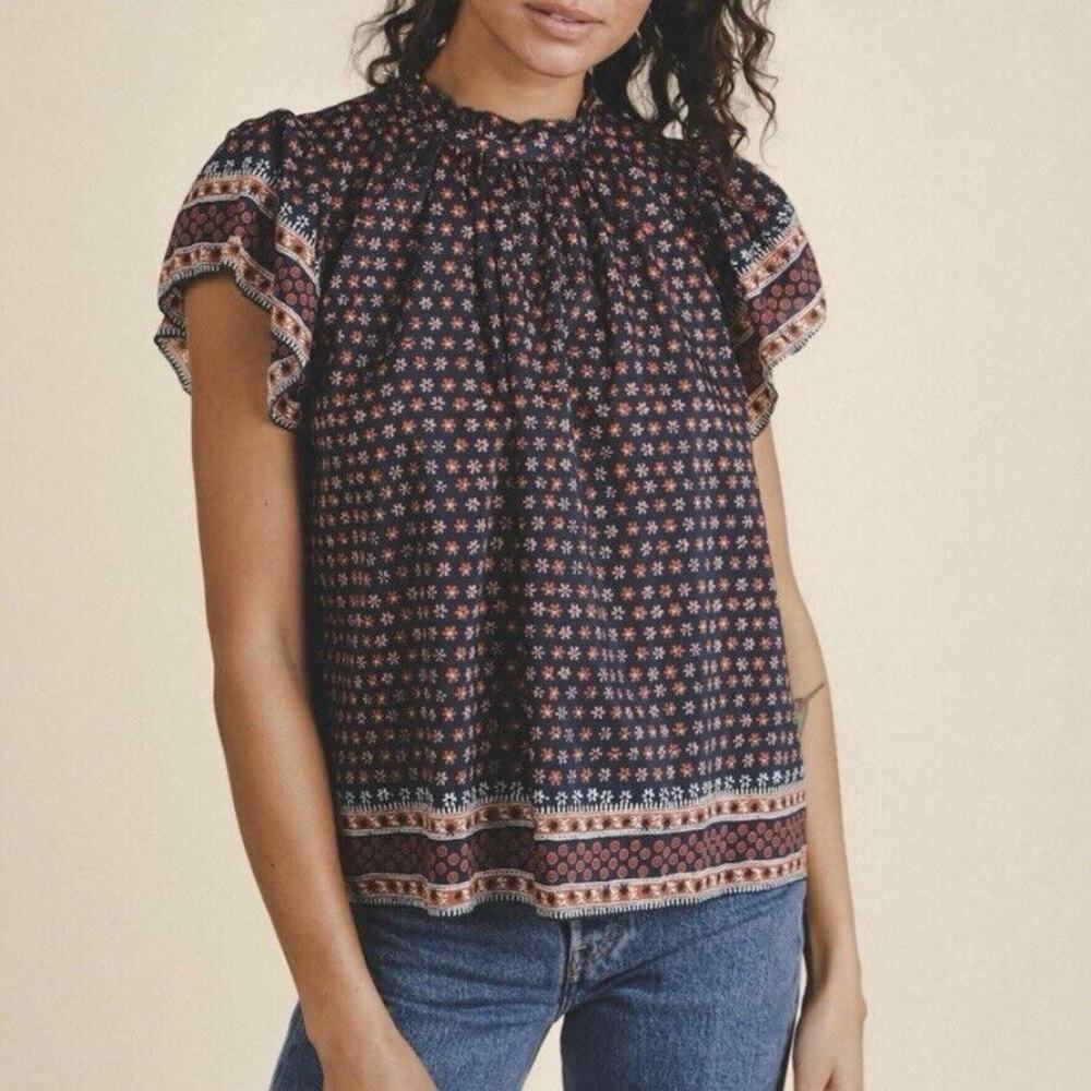 TROVATA BIRDS OF PARADIS Carla Highneck Top In Navy Heirloom Size S